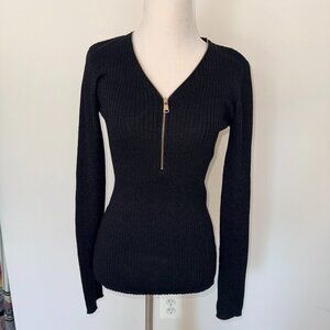 ✨ Questions Petites Black Ribbed Zip‑Front Sweater Top (Gold Shimmer) NWT - PS